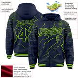 Custom Navy-Neon Green Lightning Polka Dot 3D Pattern Bomber Full-Snap Varsity Letterman Hoodie Jacket