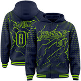 Custom Navy-Neon Green Lightning Polka Dot 3D Pattern Bomber Full-Snap Varsity Letterman Hoodie Jacket