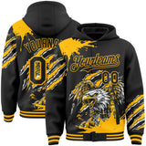 Custom Black-Gold Eagle Claw Scratch Splatter Bomber Full-Snap Varsity Letterman Hoodie Jacket