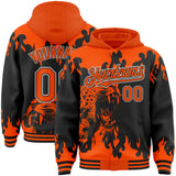 Custom Black Orange-White Lion Flame Splatter Bomber Full-Snap Varsity Letterman Hoodie Jacket