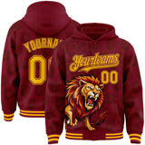 Custom Crimson-Gold Lion Leopard Print Bomber Full-Snap Varsity Letterman Hoodie Jacket