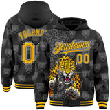 Custom Black Gold-White Leopard Print Bomber Full-Snap Varsity Letterman Hoodie Jacket