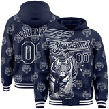 Custom Navy Gray-White Tiger Stripe Print Bomber Full-Snap Varsity Letterman Hoodie Jacket