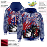 Custom Royal White-Red Gorilla Claw Scratch Brush Stroke Bomber Full-Snap Varsity Letterman Hoodie Jacket