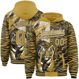 Custom Old Gold Black-White Tiger Stripe Print Bomber Full-Snap Varsity Letterman Hoodie Jacket