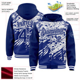 Custom Royal-White Tiger Claw Scratch Paint Splatter Bomber Full-Snap Varsity Letterman Hoodie Jacket