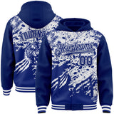 Custom Royal-White Tiger Claw Scratch Paint Splatter Bomber Full-Snap Varsity Letterman Hoodie Jacket