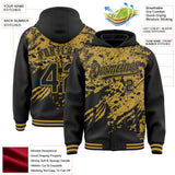 Custom Black-Old Gold Lion Claw Scratch Paint Splatter Bomber Full-Snap Varsity Letterman Hoodie Jacket