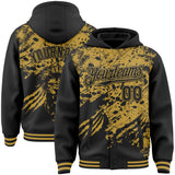 Custom Black-Old Gold Lion Claw Scratch Paint Splatter Bomber Full-Snap Varsity Letterman Hoodie Jacket