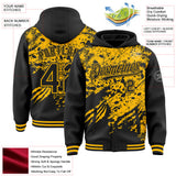 Custom Black-Gold Lion Claw Scratch Paint Splatter Bomber Full-Snap Varsity Letterman Hoodie Jacket
