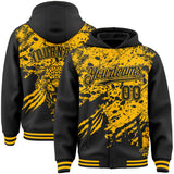 Custom Black-Gold Lion Claw Scratch Paint Splatter Bomber Full-Snap Varsity Letterman Hoodie Jacket