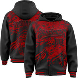 Custom Black-Red Gorilla Claw Scratch Paint Splatter Bomber Full-Snap Varsity Letterman Hoodie Jacket