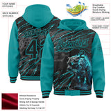 Custom Teal-Black Leopard Lightning Claw Scratch Bomber Full-Snap Varsity Letterman Hoodie Jacket
