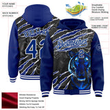 Custom Royal Black-White Tiger Lightning Claw Scratch Bomber Full-Snap Varsity Letterman Hoodie Jacket