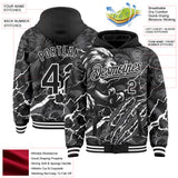 Custom Black Gray-White Lion Lightning Claw Scratch Bomber Full-Snap Varsity Letterman Hoodie Jacket