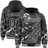 Custom Black Gray-White Lion Lightning Claw Scratch Bomber Full-Snap Varsity Letterman Hoodie Jacket