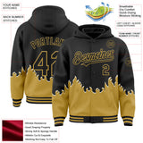 Custom Black-Old Gold Fire Flame Bomber Full-Snap Varsity Letterman Hoodie Jacket