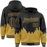 Custom Black-Old Gold Fire Flame Bomber Full-Snap Varsity Letterman Hoodie Jacket