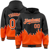 Custom Black Orange-White Fire Flame Bomber Full-Snap Varsity Letterman Hoodie Jacket