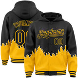 Custom Black-Gold Fire Flame Bomber Full-Snap Varsity Letterman Hoodie Jacket