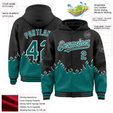 Custom Black Teal-White Fire Flame Bomber Full-Snap Varsity Letterman Hoodie Jacket