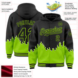 Custom Black-Neon Green Fire Flame Bomber Full-Snap Varsity Letterman Hoodie Jacket