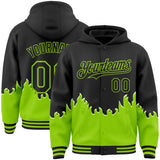 Custom Black-Neon Green Fire Flame Bomber Full-Snap Varsity Letterman Hoodie Jacket