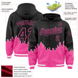 Custom Black-Pink Fire Flame Bomber Full-Snap Varsity Letterman Hoodie Jacket