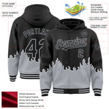 Custom Black-Gray Fire Flame Bomber Full-Snap Varsity Letterman Hoodie Jacket