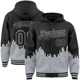 Custom Black-Gray Fire Flame Bomber Full-Snap Varsity Letterman Hoodie Jacket