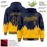 Custom Navy-Gold Fire Flame Bomber Full-Snap Varsity Letterman Hoodie Jacket