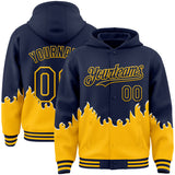 Custom Navy-Gold Fire Flame Bomber Full-Snap Varsity Letterman Hoodie Jacket
