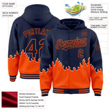 Custom Navy-Orange Fire Flame Bomber Full-Snap Varsity Letterman Hoodie Jacket