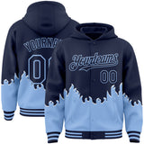 Custom Navy-Light Blue Fire Flame Bomber Full-Snap Varsity Letterman Hoodie Jacket