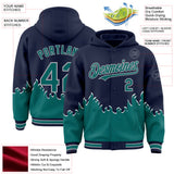 Custom Navy Teal-Gray Fire Flame Bomber Full-Snap Varsity Letterman Hoodie Jacket