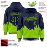 Custom Navy-Neon Green Fire Flame Bomber Full-Snap Varsity Letterman Hoodie Jacket