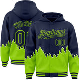 Custom Navy-Neon Green Fire Flame Bomber Full-Snap Varsity Letterman Hoodie Jacket