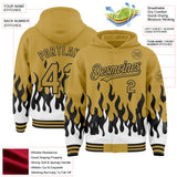 Custom Old Gold Black-White Fire Flame Bomber Full-Snap Varsity Letterman Hoodie Jacket