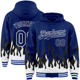 Custom Royal Black-White Fire Flame Bomber Full-Snap Varsity Letterman Hoodie Jacket