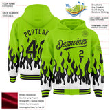 Custom Neon Green Black-White Fire Flame Bomber Full-Snap Varsity Letterman Hoodie Jacket