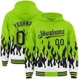 Custom Neon Green Black-White Fire Flame Bomber Full-Snap Varsity Letterman Hoodie Jacket