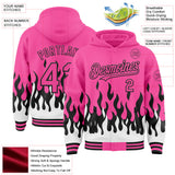 Custom Pink Black-White Fire Flame Bomber Full-Snap Varsity Letterman Hoodie Jacket