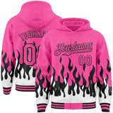 Custom Pink Black-White Fire Flame Bomber Full-Snap Varsity Letterman Hoodie Jacket