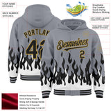 Custom Gray Black White-Old Gold Fire Flame Bomber Full-Snap Varsity Letterman Hoodie Jacket