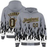 Custom Gray Black White-Old Gold Fire Flame Bomber Full-Snap Varsity Letterman Hoodie Jacket