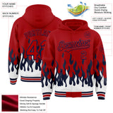 Custom Red Navy-White Fire Flame Bomber Full-Snap Varsity Letterman Hoodie Jacket