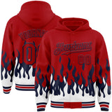 Custom Red Navy-White Fire Flame Bomber Full-Snap Varsity Letterman Hoodie Jacket