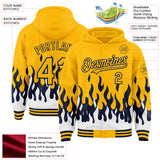 Custom Gold Navy-White Fire Flame Bomber Full-Snap Varsity Letterman Hoodie Jacket