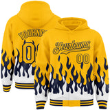 Custom Gold Navy-White Fire Flame Bomber Full-Snap Varsity Letterman Hoodie Jacket