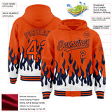 Custom Orange Navy-White Fire Flame Bomber Full-Snap Varsity Letterman Hoodie Jacket